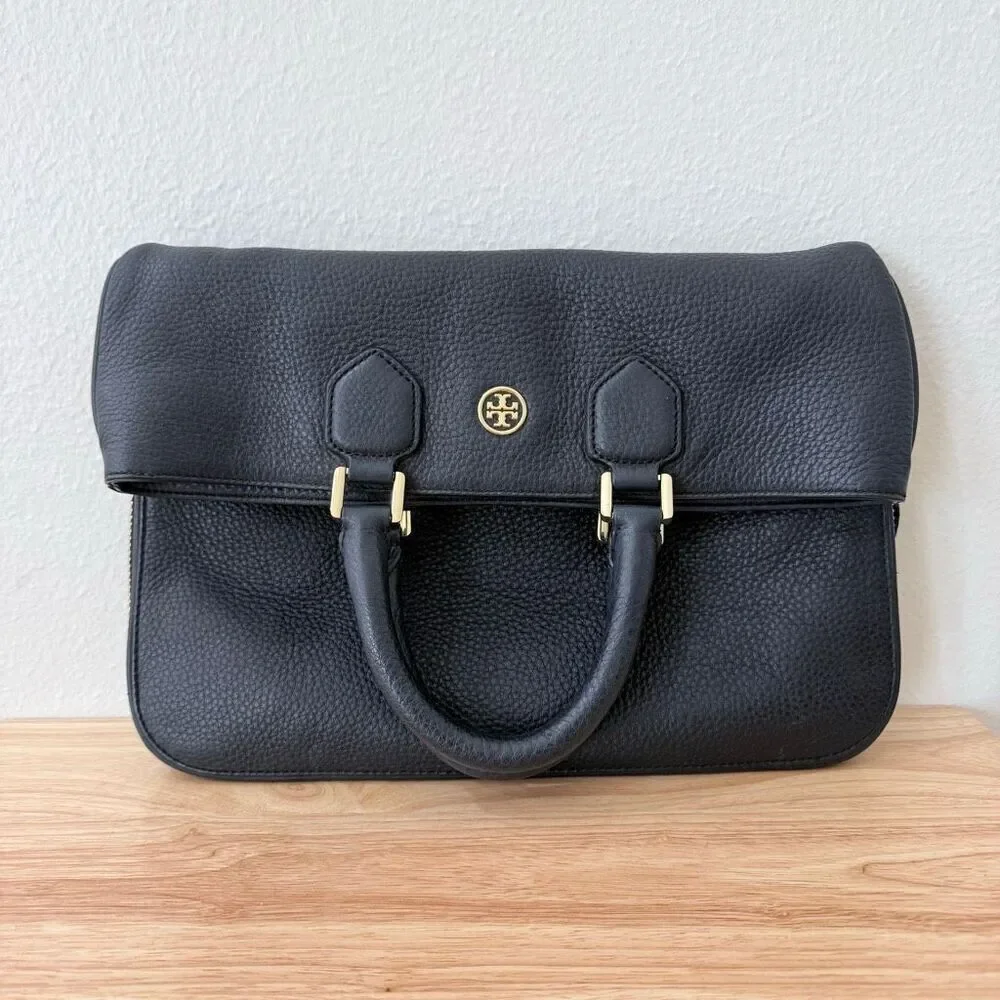 Tory Burch Fleming Two Way Pebbled Black Leather Shoulder Bag Purse Gold Hardwar